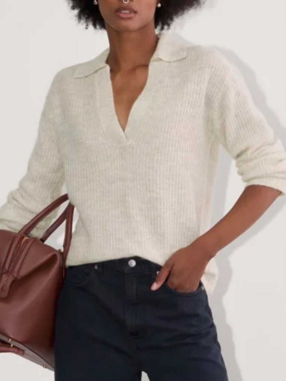 Everlane The Alpaca Waffle-Stitch Cropped Polo Sweater in Almond